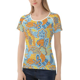 Pinsa Women's Crewneck Stretchy Tee - Paisley Psychedelic Floral Blue Orange & Yellow - Short Sleeve - Retro Flower Power Funky Bold Vibrant